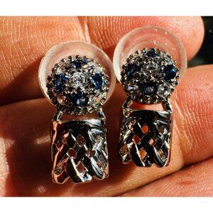 Sterling Silver 925 Sapphire Cluster Earrings with Lattice Design, 3.88g, Elegan